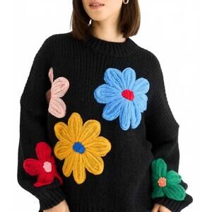 NEW CLOTHESHEAD flower knit sweater in black